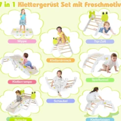 3er Set Klettergerüst mit Rutsche & Kletterbogen & Doppelseitige Rampe Kletterdreieck Weiß