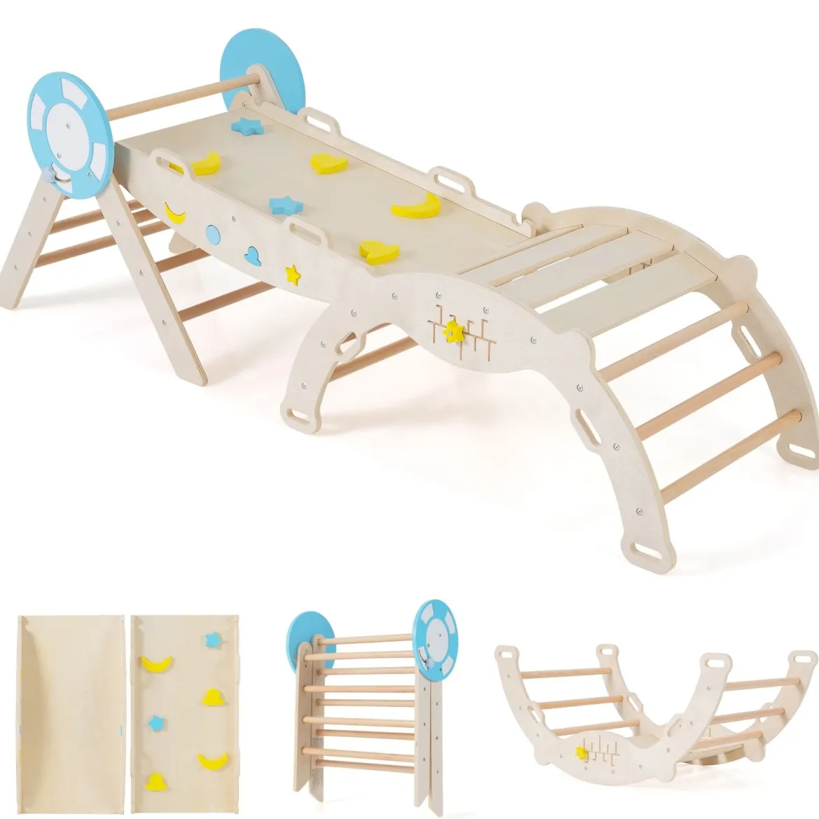 3er Set Klettergerüst mit Rutsche & Kletterbogen & Baustein Set Klappabres Kletterdreieck Natur
