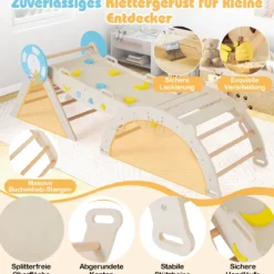 3er Set Klettergerüst mit Rutsche & Kletterbogen & Baustein Set Klappabres Kletterdreieck Natur