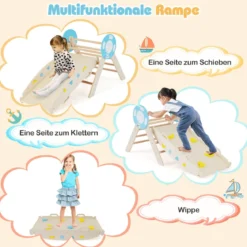 3er Set Klettergerüst mit Rutsche & Kletterbogen & Baustein Set Klappabres Kletterdreieck Natur