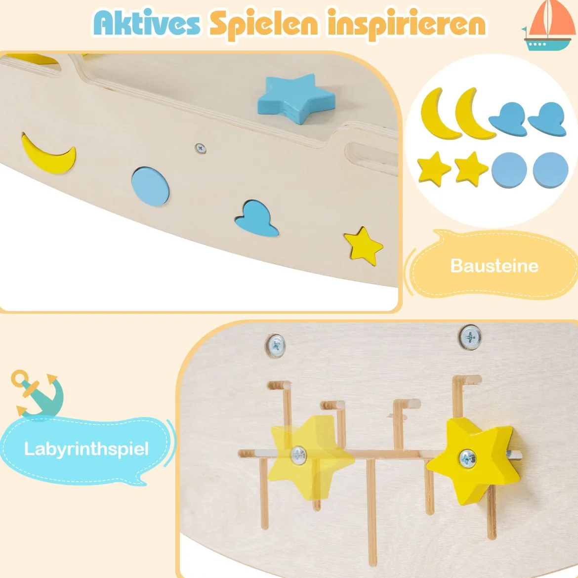 3er Set Klettergerüst mit Rutsche & Kletterbogen & Baustein Set Klappabres Kletterdreieck Natur