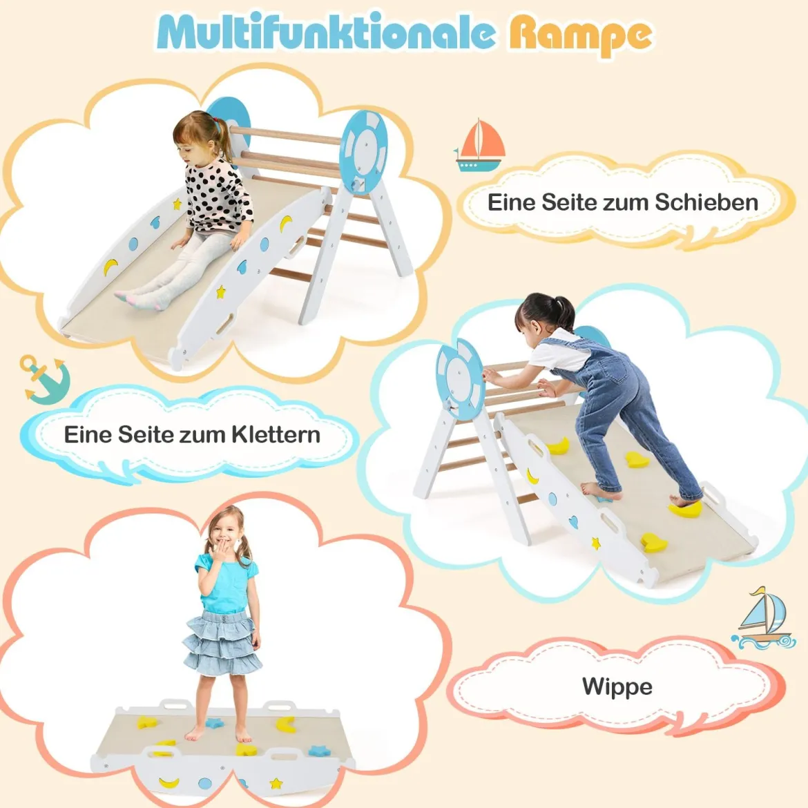 3er Set Klettergerüst mit Rutsche & Kletterbogen & Baustein Set Klappabres Kletterdreieck Weiß