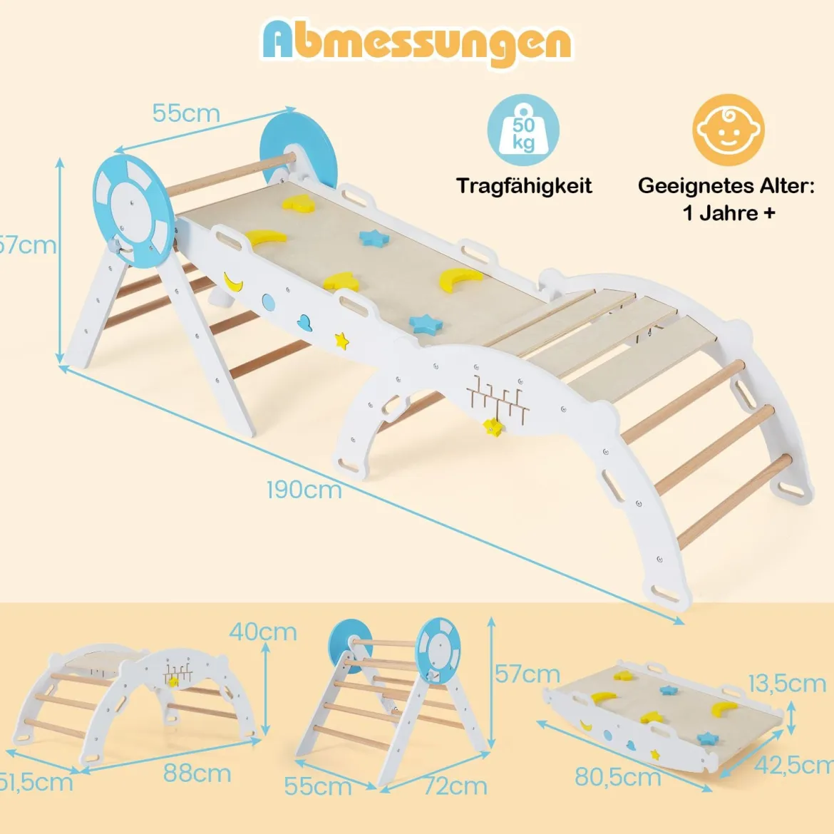 3er Set Klettergerüst mit Rutsche & Kletterbogen & Baustein Set Klappabres Kletterdreieck Weiß