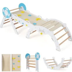 3er Set Klettergerüst mit Rutsche & Kletterbogen & Baustein Set Klappabres Kletterdreieck Weiß