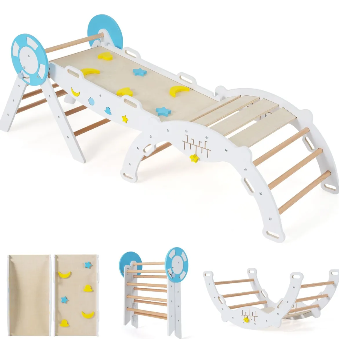 3er Set Klettergerüst mit Rutsche & Kletterbogen & Baustein Set Klappabres Kletterdreieck Weiß