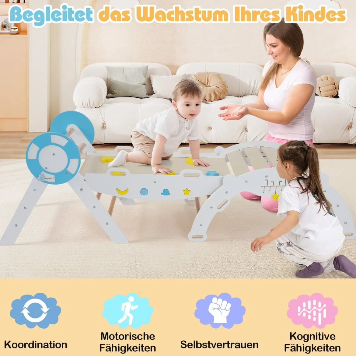 3er Set Klettergerüst mit Rutsche & Kletterbogen & Baustein Set Klappabres Kletterdreieck Weiß
