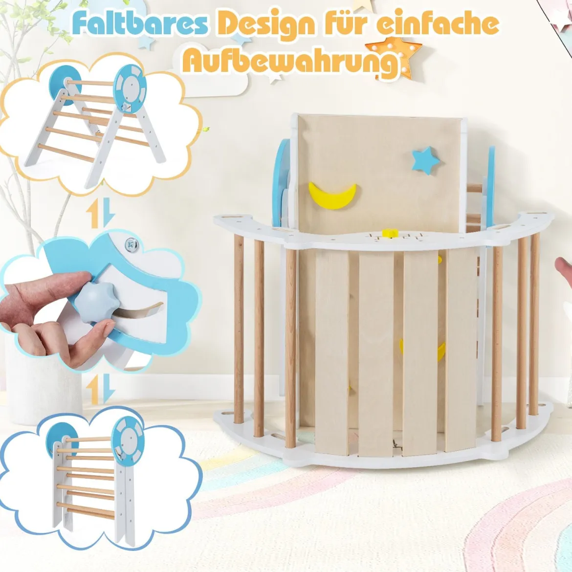 3er Set Klettergerüst mit Rutsche & Kletterbogen & Baustein Set Klappabres Kletterdreieck Weiß