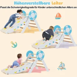 3er Set Klettergerüst mit Rutsche & Kletterbogen & Baustein Set Klappabres Kletterdreieck Weiß