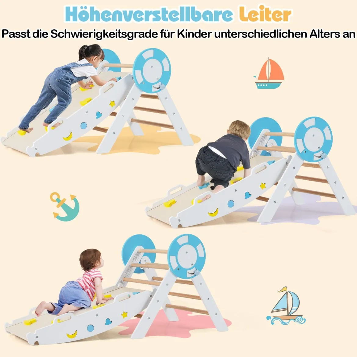 3er Set Klettergerüst mit Rutsche & Kletterbogen & Baustein Set Klappabres Kletterdreieck Weiß
