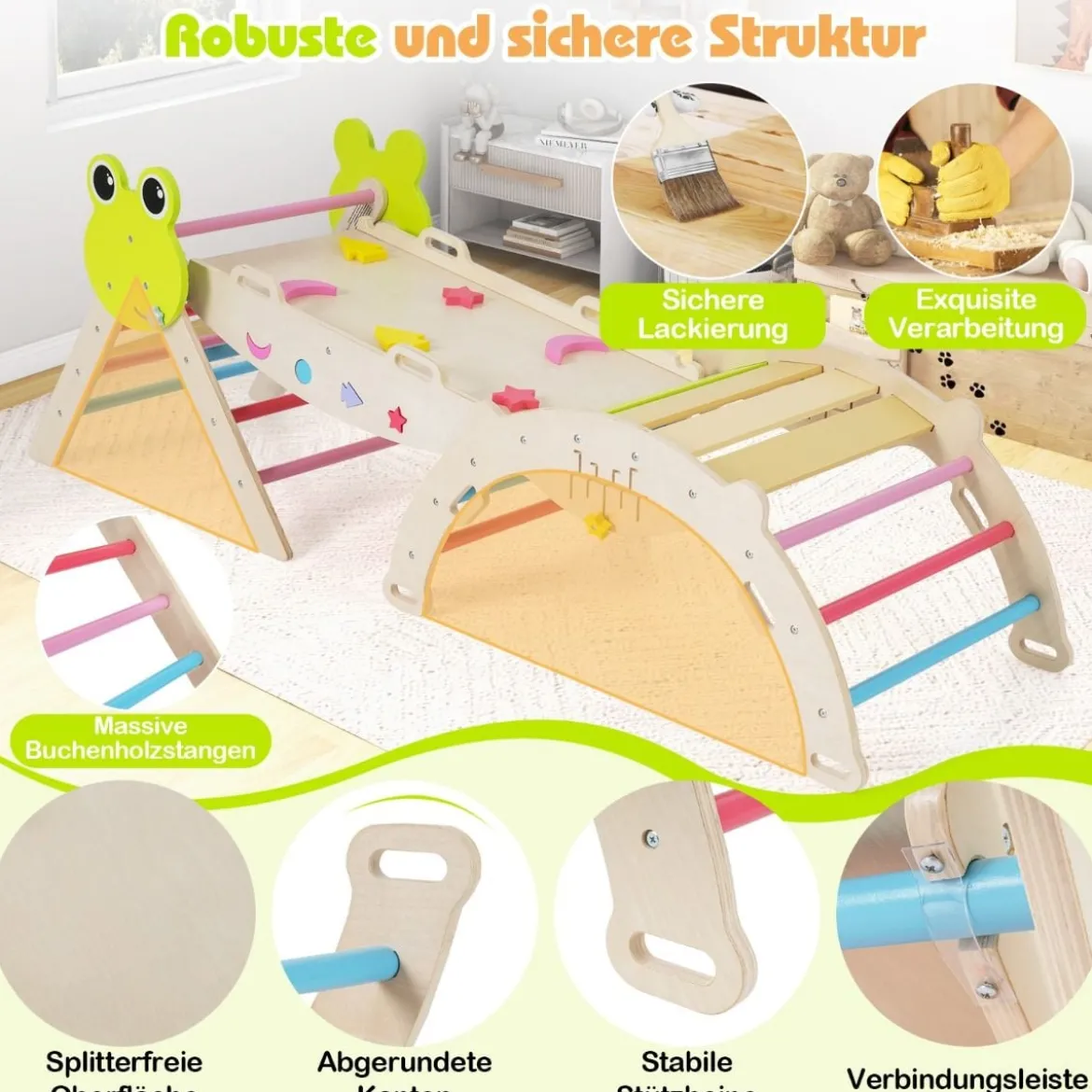 3er Set Klettergerüst mit Rutsche & Kletterbogen & Doppelseitige Rampe Kletterdreieck Mehrfarbig