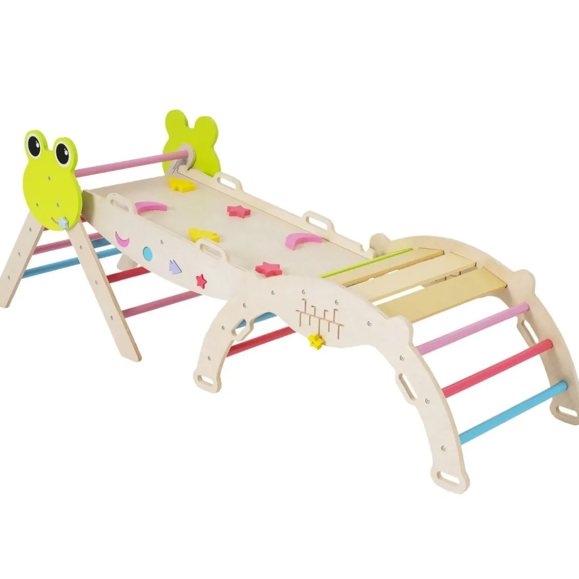 3er Set Klettergerüst mit Rutsche & Kletterbogen & Doppelseitige Rampe Kletterdreieck Mehrfarbig