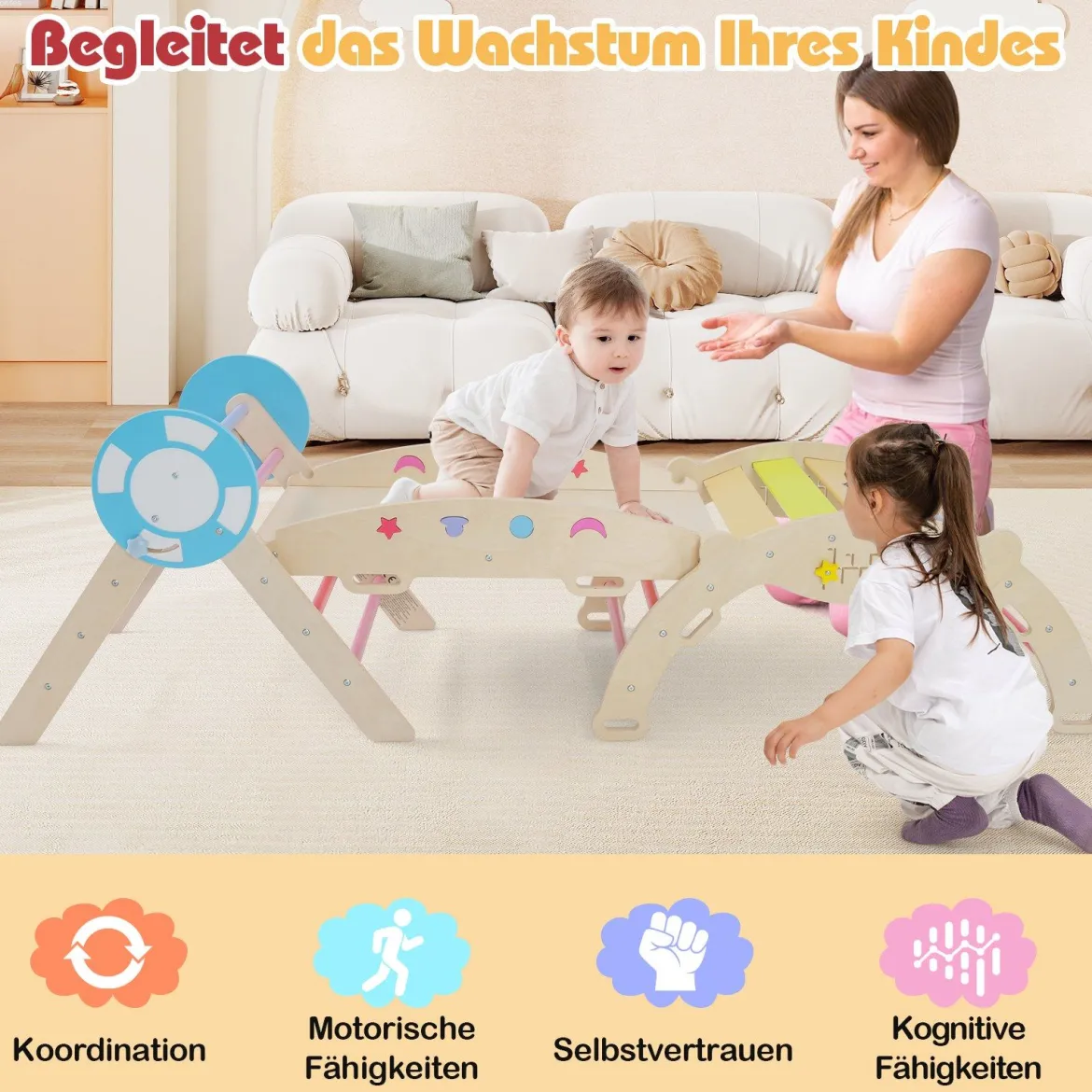 3er Set Klettergerüst mit Rutsche & Kletterbogen & Baustein Set Klappabres Kletterdreieck Mehrfarbig