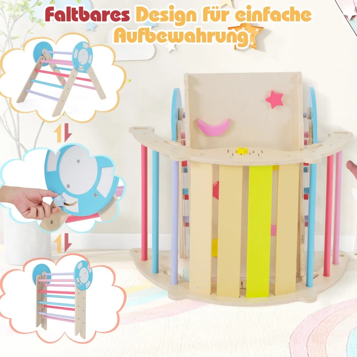 3er Set Klettergerüst mit Rutsche & Kletterbogen & Baustein Set Klappabres Kletterdreieck Mehrfarbig