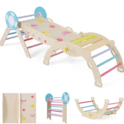 3er Set Klettergerüst mit Rutsche & Kletterbogen & Baustein Set Klappabres Kletterdreieck Mehrfarbig