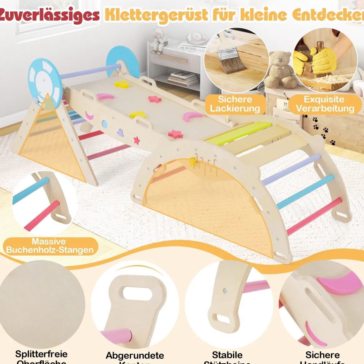 3er Set Klettergerüst mit Rutsche & Kletterbogen & Baustein Set Klappabres Kletterdreieck Mehrfarbig