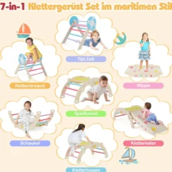 3er Set Klettergerüst mit Rutsche & Kletterbogen & Baustein Set Klappabres Kletterdreieck Mehrfarbig