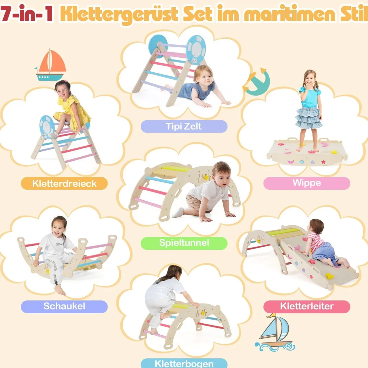 3er Set Klettergerüst mit Rutsche & Kletterbogen & Baustein Set Klappabres Kletterdreieck Mehrfarbig
