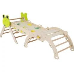 3er Set Klettergerüst mit Rutsche & Kletterbogen & Doppelseitige Rampe Kletterdreieck Natur