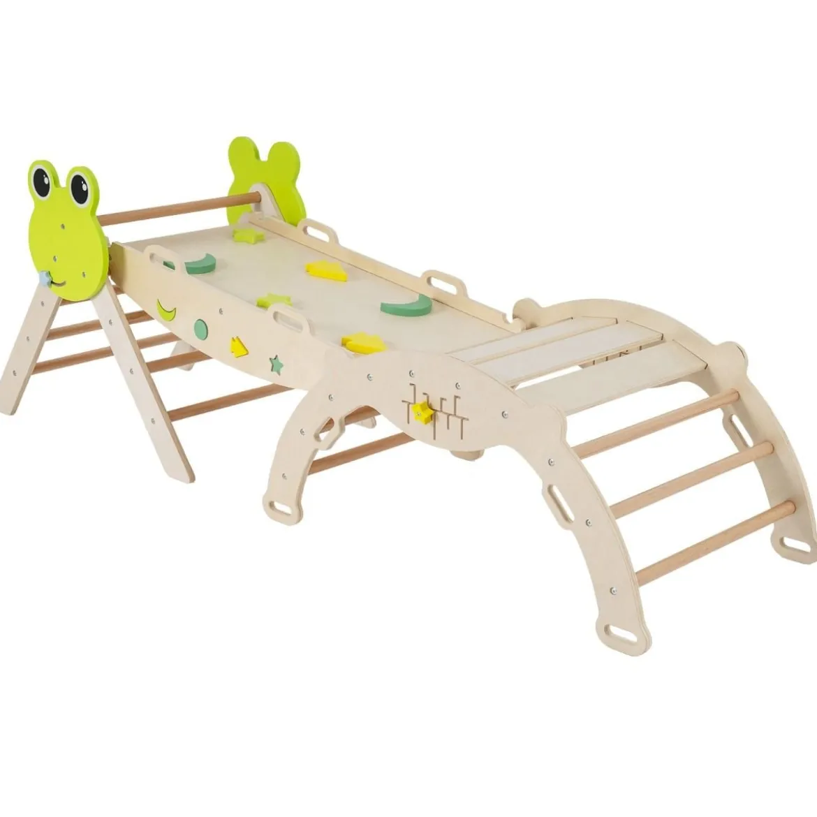3er Set Klettergerüst mit Rutsche & Kletterbogen & Doppelseitige Rampe Kletterdreieck Natur