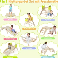 3er Set Klettergerüst mit Rutsche & Kletterbogen & Doppelseitige Rampe Kletterdreieck Natur