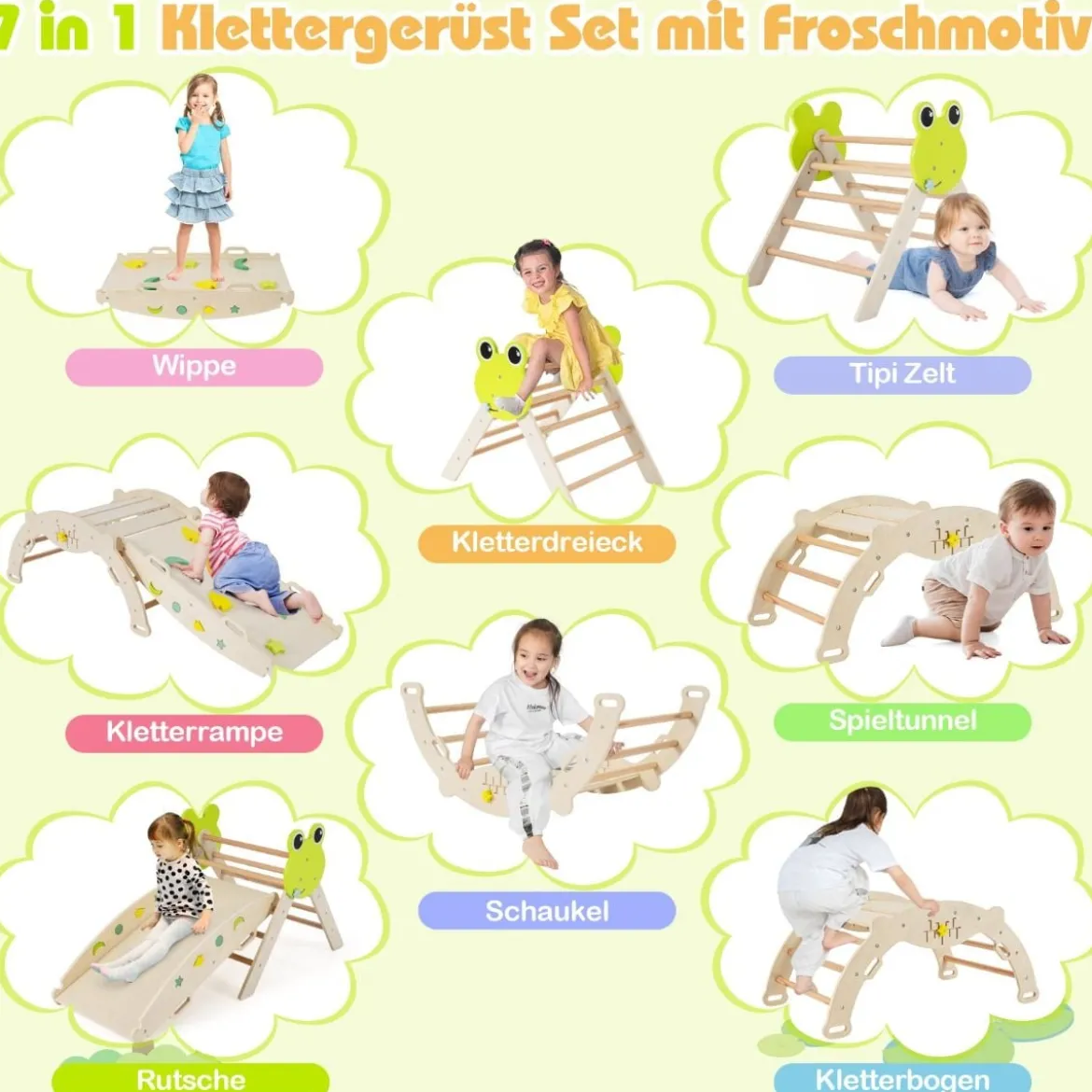 3er Set Klettergerüst mit Rutsche & Kletterbogen & Doppelseitige Rampe Kletterdreieck Natur