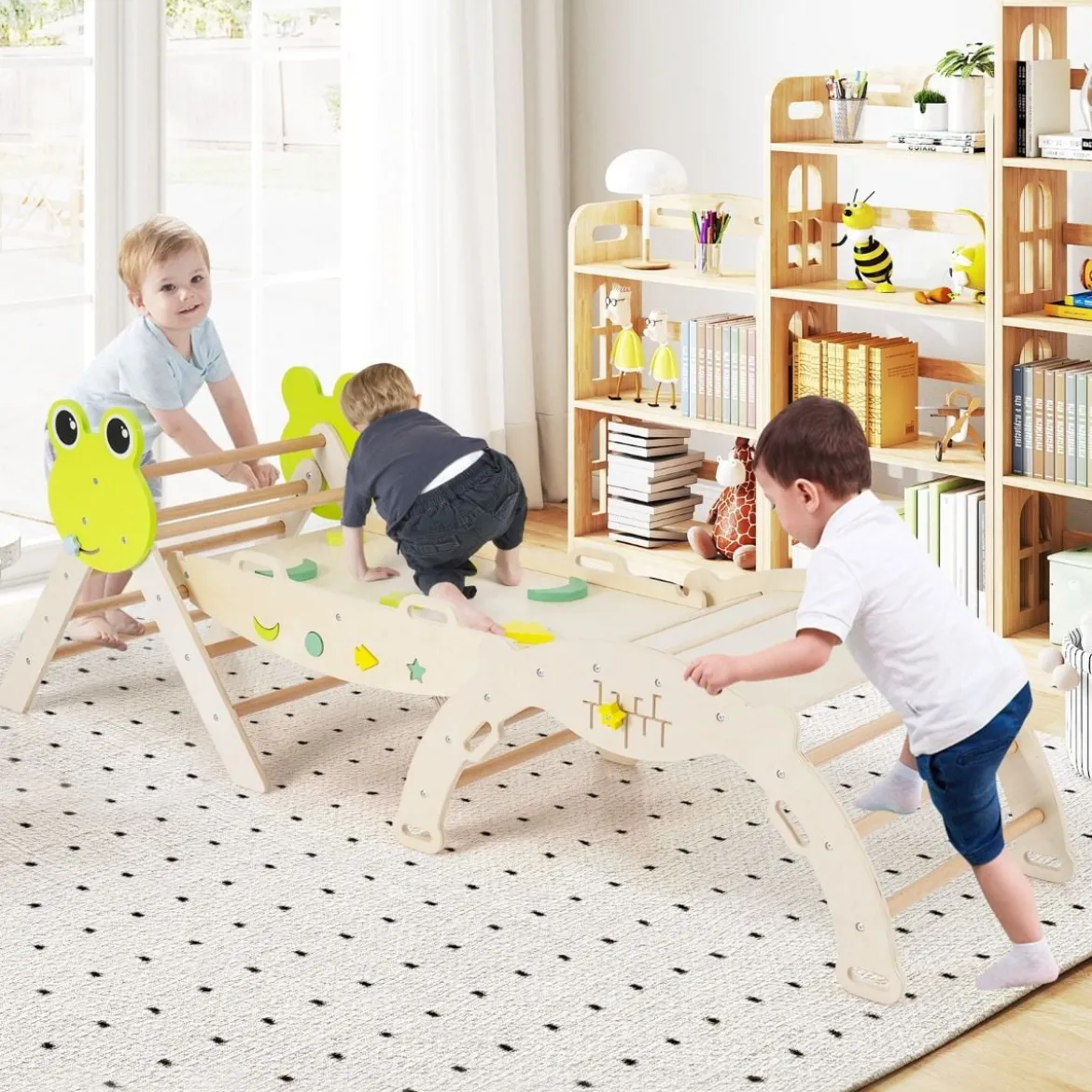 3er Set Klettergerüst mit Rutsche & Kletterbogen & Doppelseitige Rampe Kletterdreieck Natur