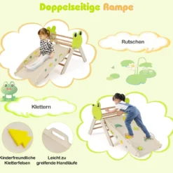3er Set Klettergerüst mit Rutsche & Kletterbogen & Doppelseitige Rampe Kletterdreieck Natur
