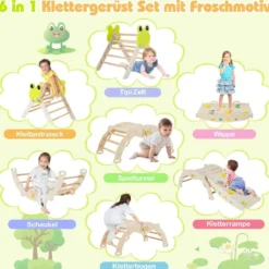 3er Set Klettergerüst mit Rutsche & Kletterbogen & Doppelseitige Rampe Kletterdreieck Natur