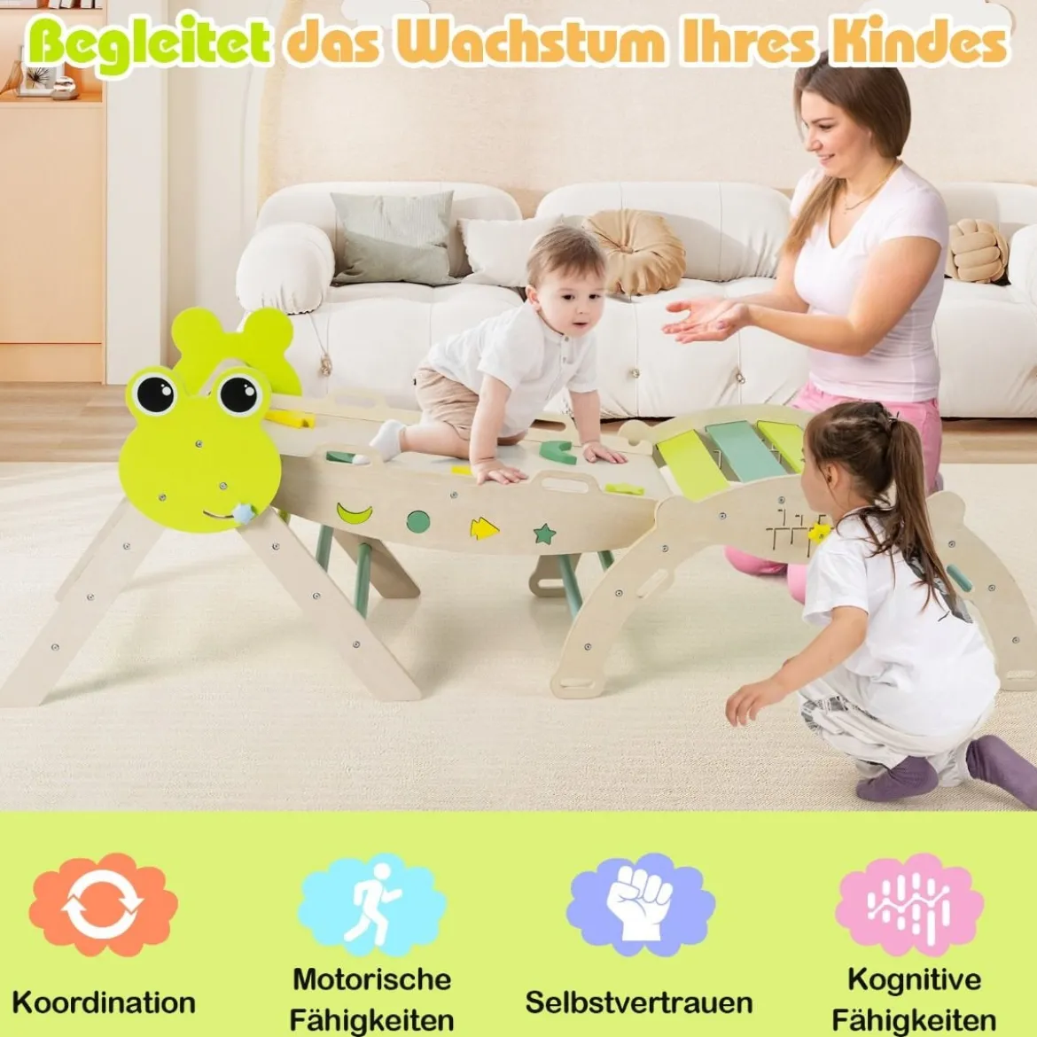 3er Set Klettergerüst mit Rutsche & Kletterbogen & Doppelseitige Rampe Kletterdreieck Grün