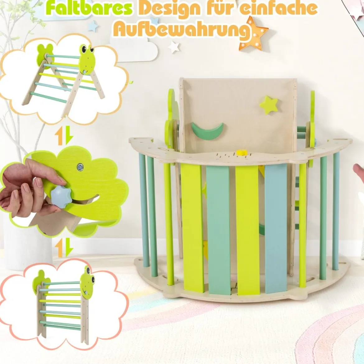 3er Set Klettergerüst mit Rutsche & Kletterbogen & Doppelseitige Rampe Kletterdreieck Grün