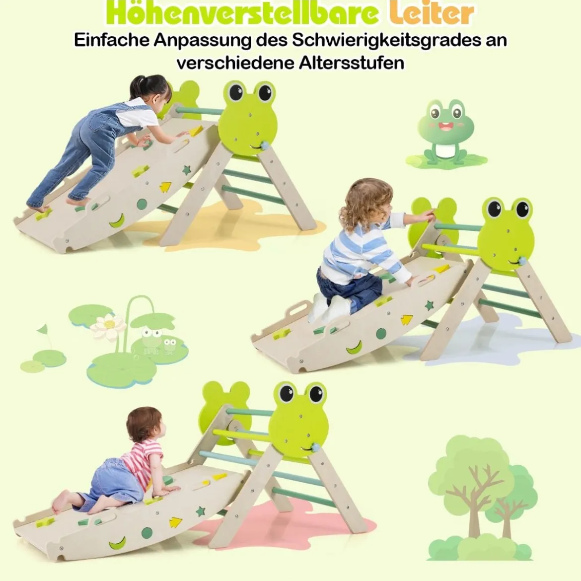 3er Set Klettergerüst mit Rutsche & Kletterbogen & Doppelseitige Rampe Kletterdreieck Grün