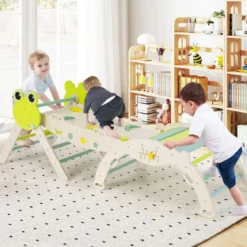 3er Set Klettergerüst mit Rutsche & Kletterbogen & Doppelseitige Rampe Kletterdreieck Grün