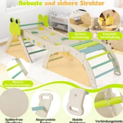 3er Set Klettergerüst mit Rutsche & Kletterbogen & Doppelseitige Rampe Kletterdreieck Grün