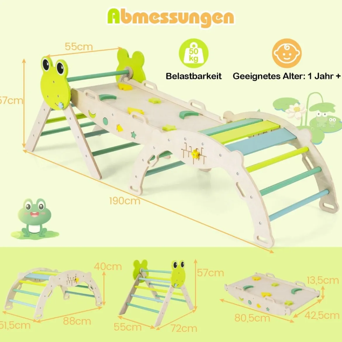 3er Set Klettergerüst mit Rutsche & Kletterbogen & Doppelseitige Rampe Kletterdreieck Grün