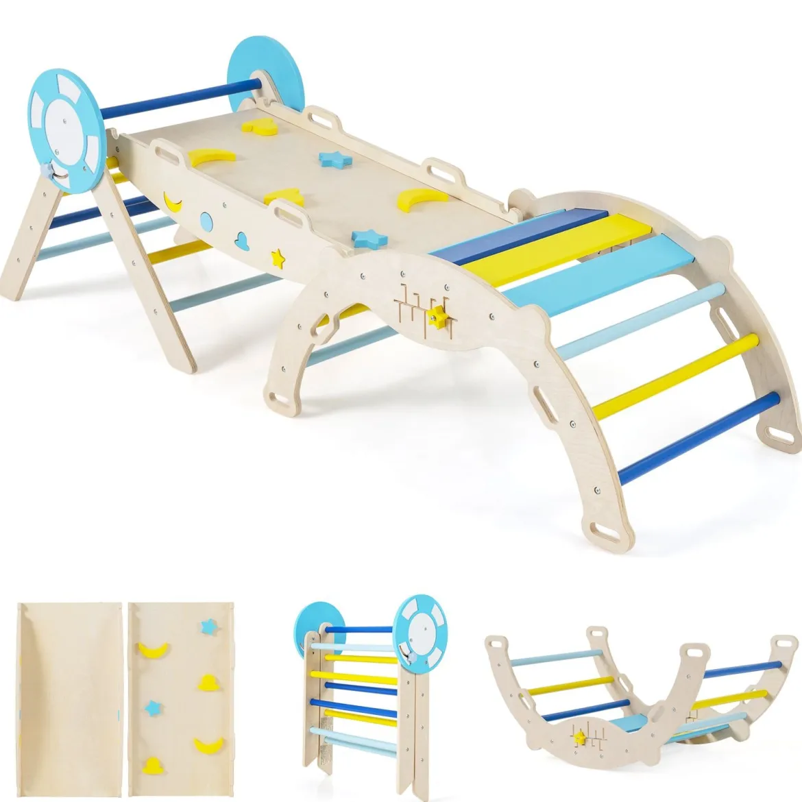 3er Set Klettergerüst mit Rutsche & Kletterbogen & Baustein Set Klappabres Kletterdreieck Blau