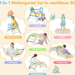 3er Set Klettergerüst mit Rutsche & Kletterbogen & Baustein Set Klappabres Kletterdreieck Blau