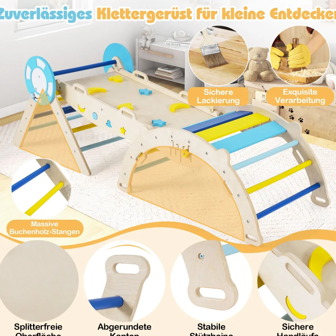 3er Set Klettergerüst mit Rutsche & Kletterbogen & Baustein Set Klappabres Kletterdreieck Blau