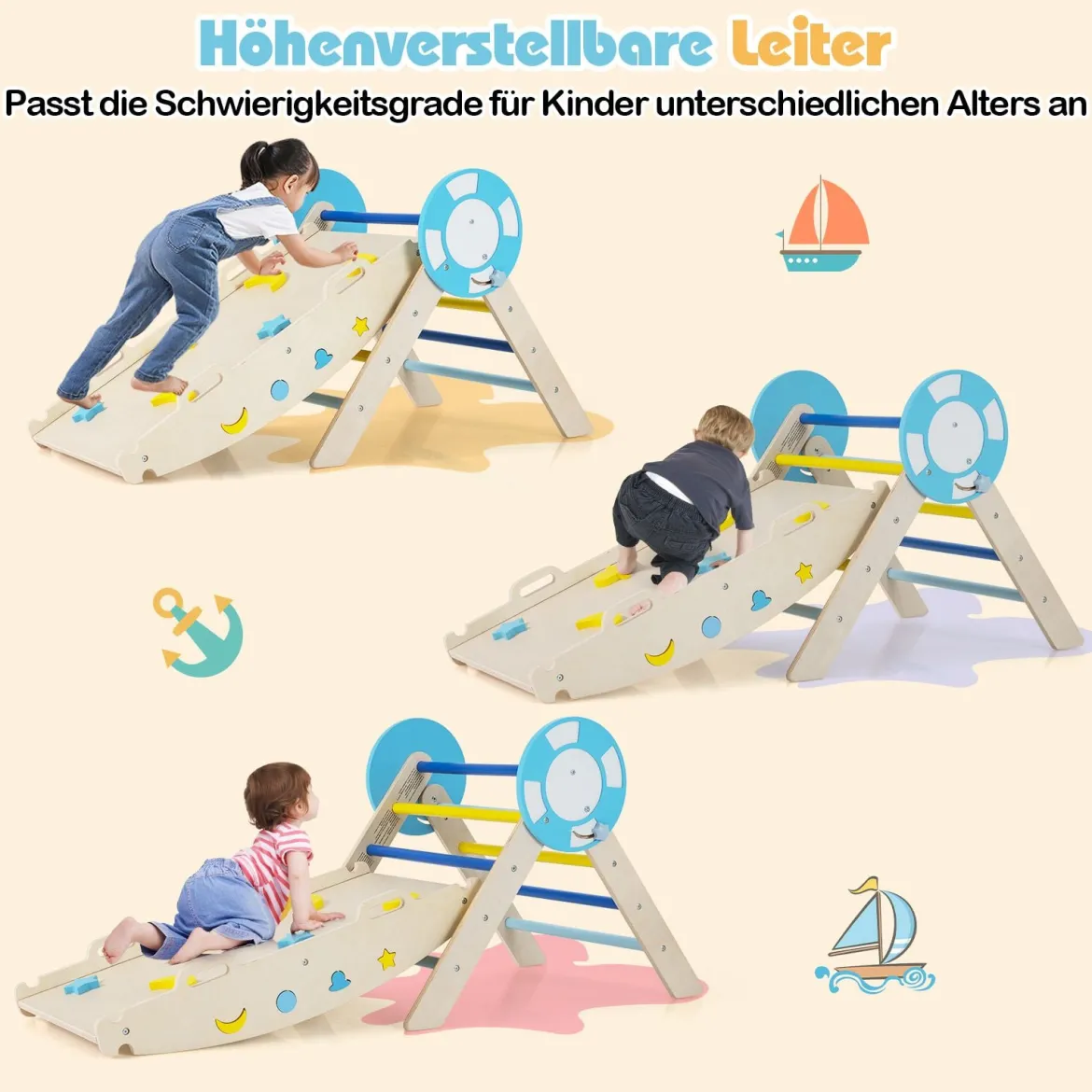 3er Set Klettergerüst mit Rutsche & Kletterbogen & Baustein Set Klappabres Kletterdreieck Blau