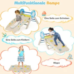 3er Set Klettergerüst mit Rutsche & Kletterbogen & Baustein Set Klappabres Kletterdreieck Blau