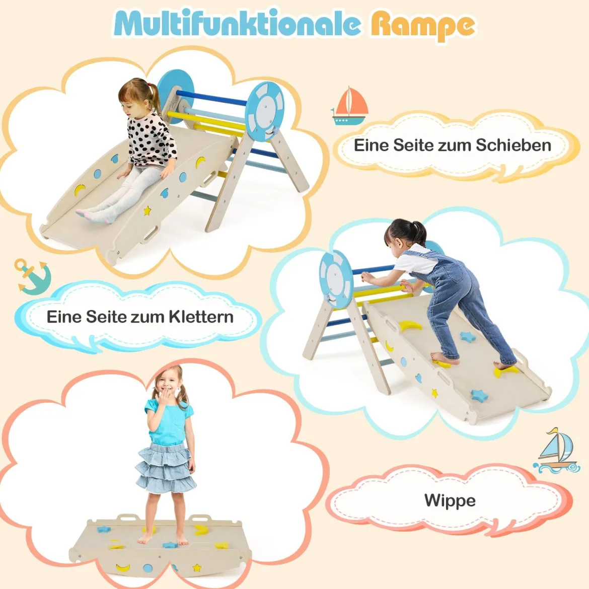 3er Set Klettergerüst mit Rutsche & Kletterbogen & Baustein Set Klappabres Kletterdreieck Blau