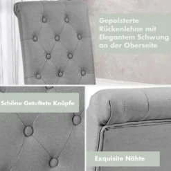 2er-Set Knopfgetuftete Esszimmerstühle gepolsterte Stoffstühle mit Gummibaumholzbeinen Grau