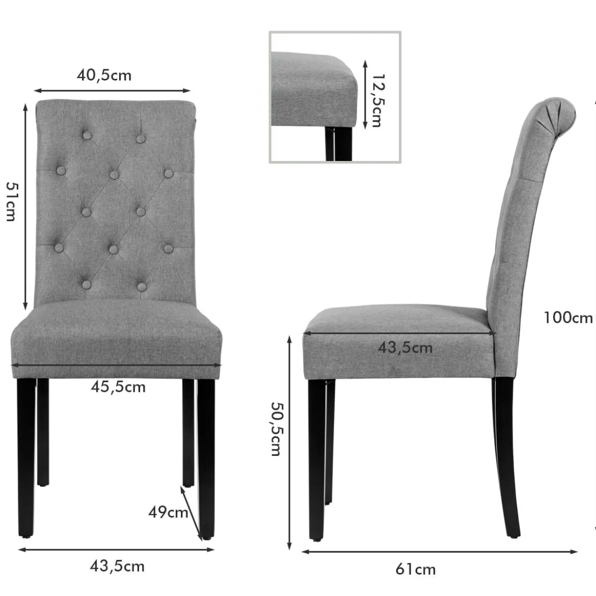 2er-Set Knopfgetuftete Esszimmerstühle gepolsterte Stoffstühle mit Gummibaumholzbeinen Grau