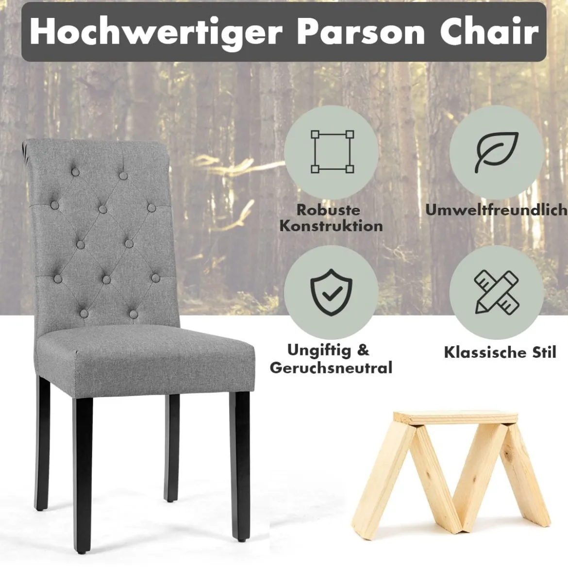 2er-Set Knopfgetuftete Esszimmerstühle gepolsterte Stoffstühle mit Gummibaumholzbeinen Grau