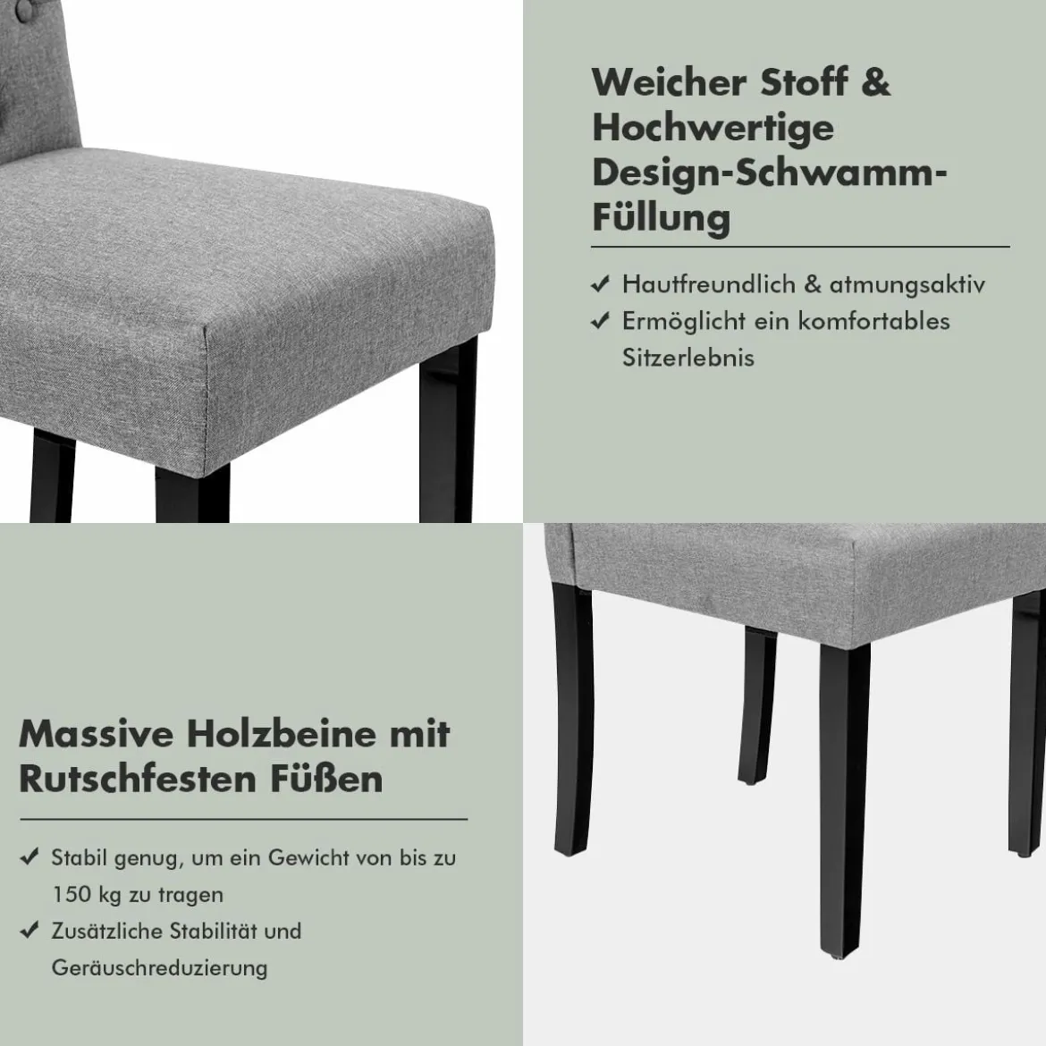 2er-Set Knopfgetuftete Esszimmerstühle gepolsterte Stoffstühle mit Gummibaumholzbeinen Grau