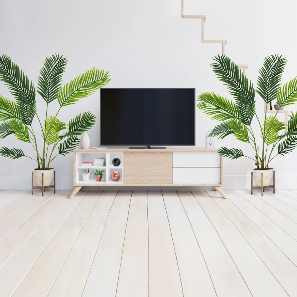 2er Set Künstliche Areca Palme 140 cm Kunstpflanze im Topf Kunstpalme mit Blättern Grün