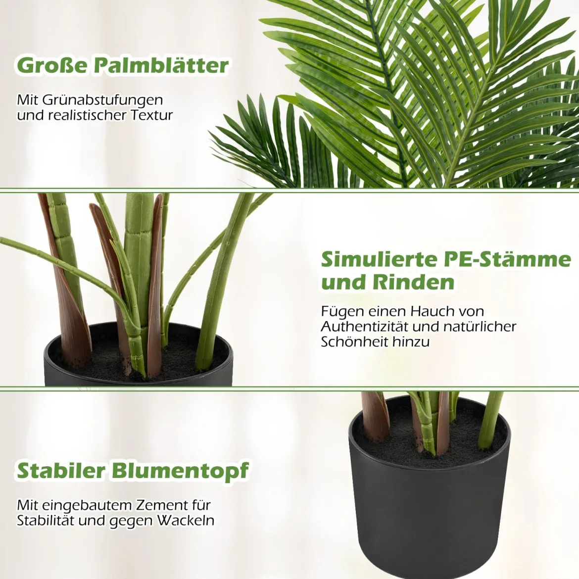 2er Set Künstliche Areca Palme 140 cm Kunstpflanze im Topf Kunstpalme mit Blättern Grün