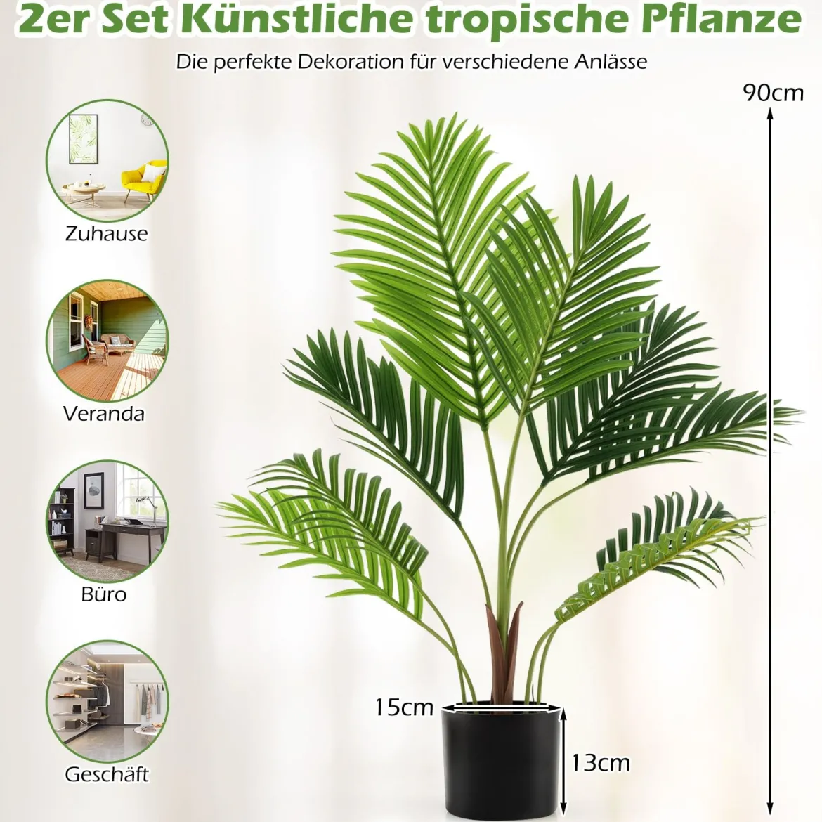 2er Set Künstliche Areca Palme 90 cm Kunstpflanze im Topf Kunstpalme mit Blättern Grün