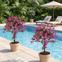 2er Set Künstliche Blumen mit Erdspieß Künstliche Bougainvillea für Veranda & Garten