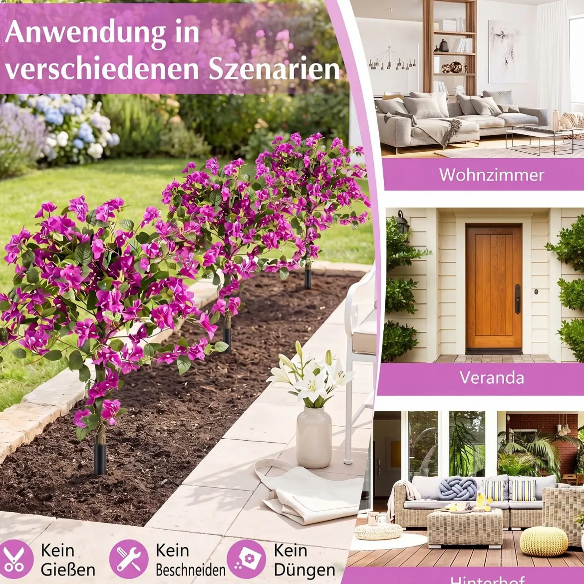 2er Set Künstliche Blumen mit Erdspieß Künstliche Bougainvillea für Veranda & Garten