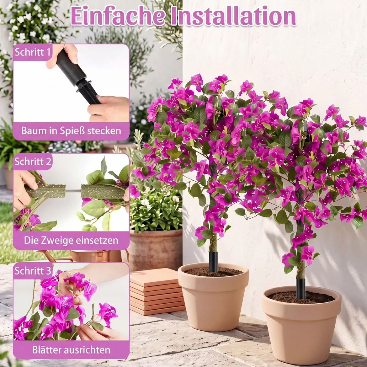 2er Set Künstliche Blumen mit Erdspieß Künstliche Bougainvillea für Veranda & Garten